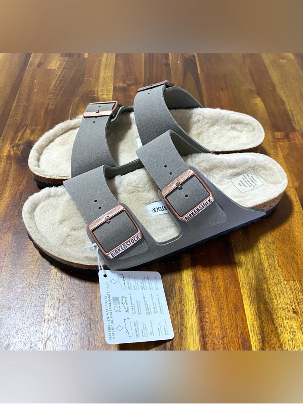 NWT Birkenstock Arizona Shearling-Lined Sandals in Gray with Rose Gold Buck. - Picture 4 of 6